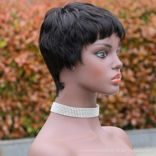 Human Hair Short Pixie Cut Wigs with Bangs Short Black Layered Wavy Wigs for Women Finer wave Hair Wig
